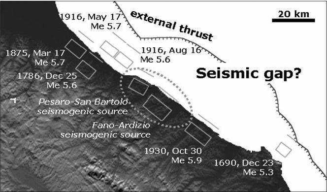 Mappa del sistema di sorgenti sismogenetiche dell'area tra Ancona e Rimini ( tratto da Valensise e Pantosti, 2001).